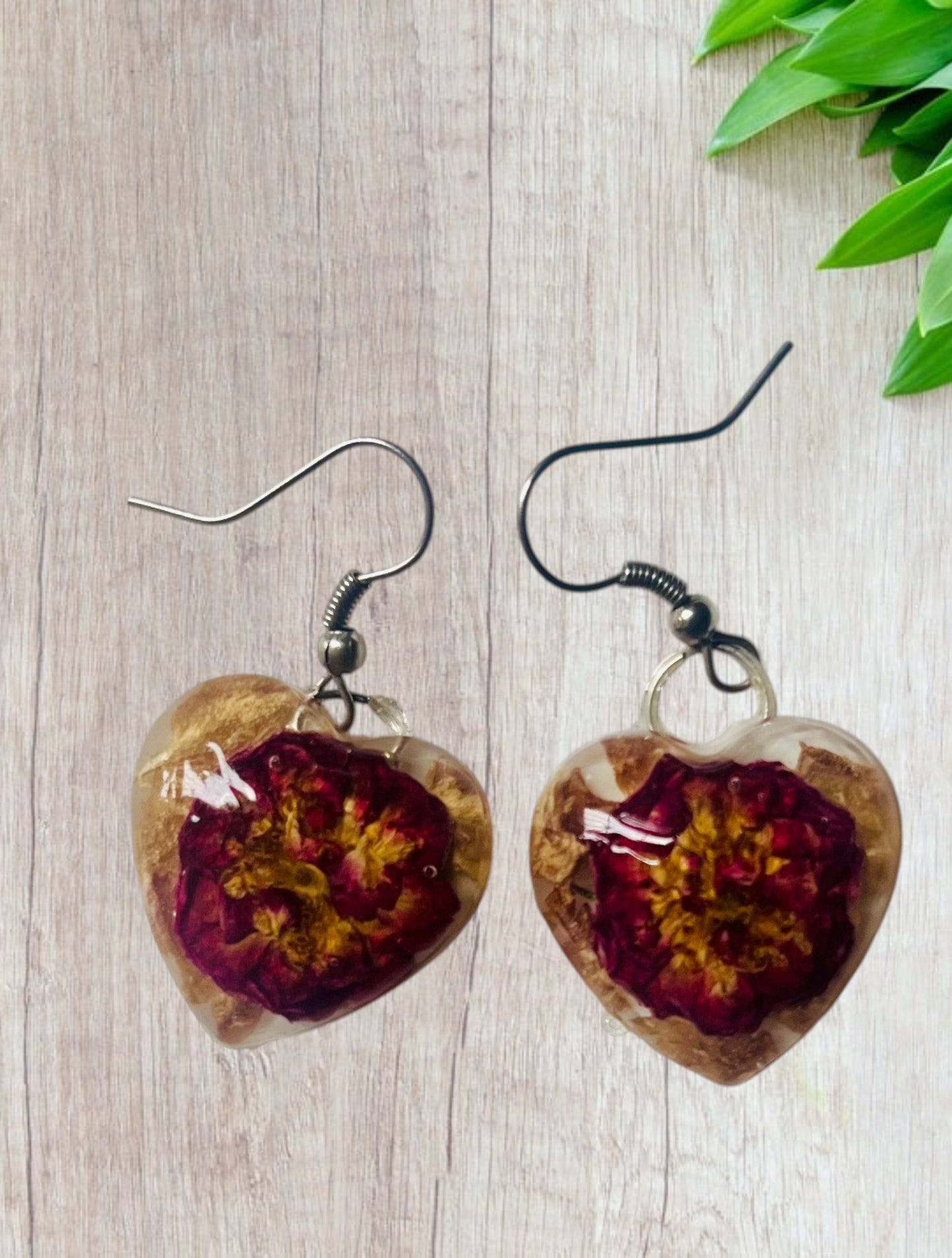 Handmade Preserved Crimson Rose Botanical Heart UV Resin Earrings