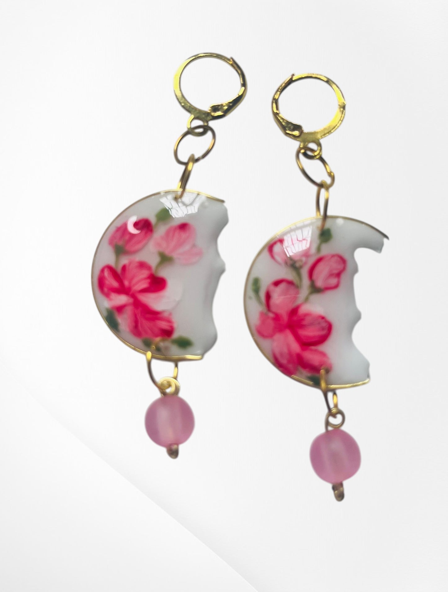 Handmade Floral Crescent Drop Earrings with UV Resin & Pink Beads