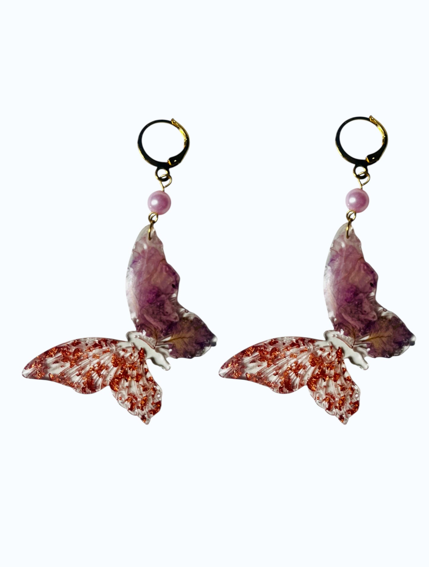 Handmade Mixed-Media Marbled Plum & Copper Foil Butterfly UV Resin Earrings
