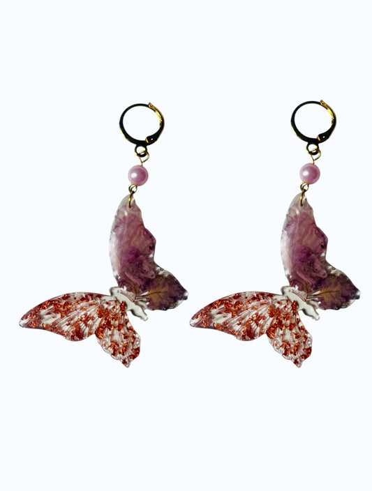 Handmade Mixed-Media Marbled Plum & Copper Foil Butterfly UV Resin Earrings