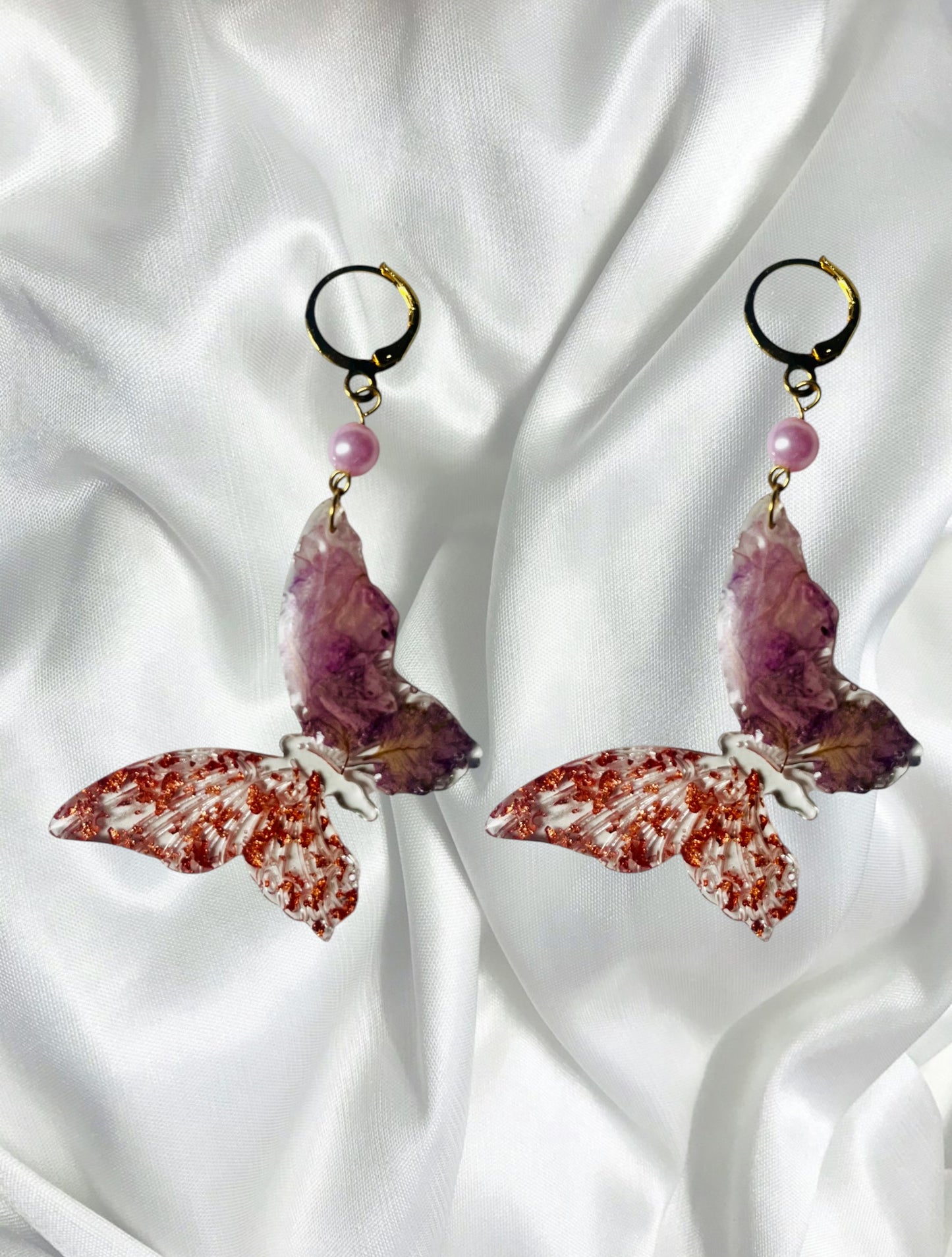 Handmade Mixed-Media Marbled Plum & Copper Foil Butterfly UV Resin Earrings