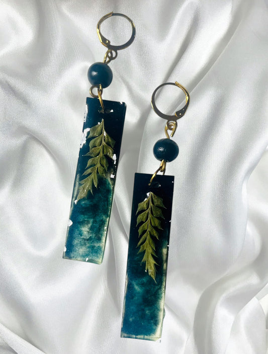 Handmade Pressed Fern & Swirling Teal UV Resin Bar Earrings