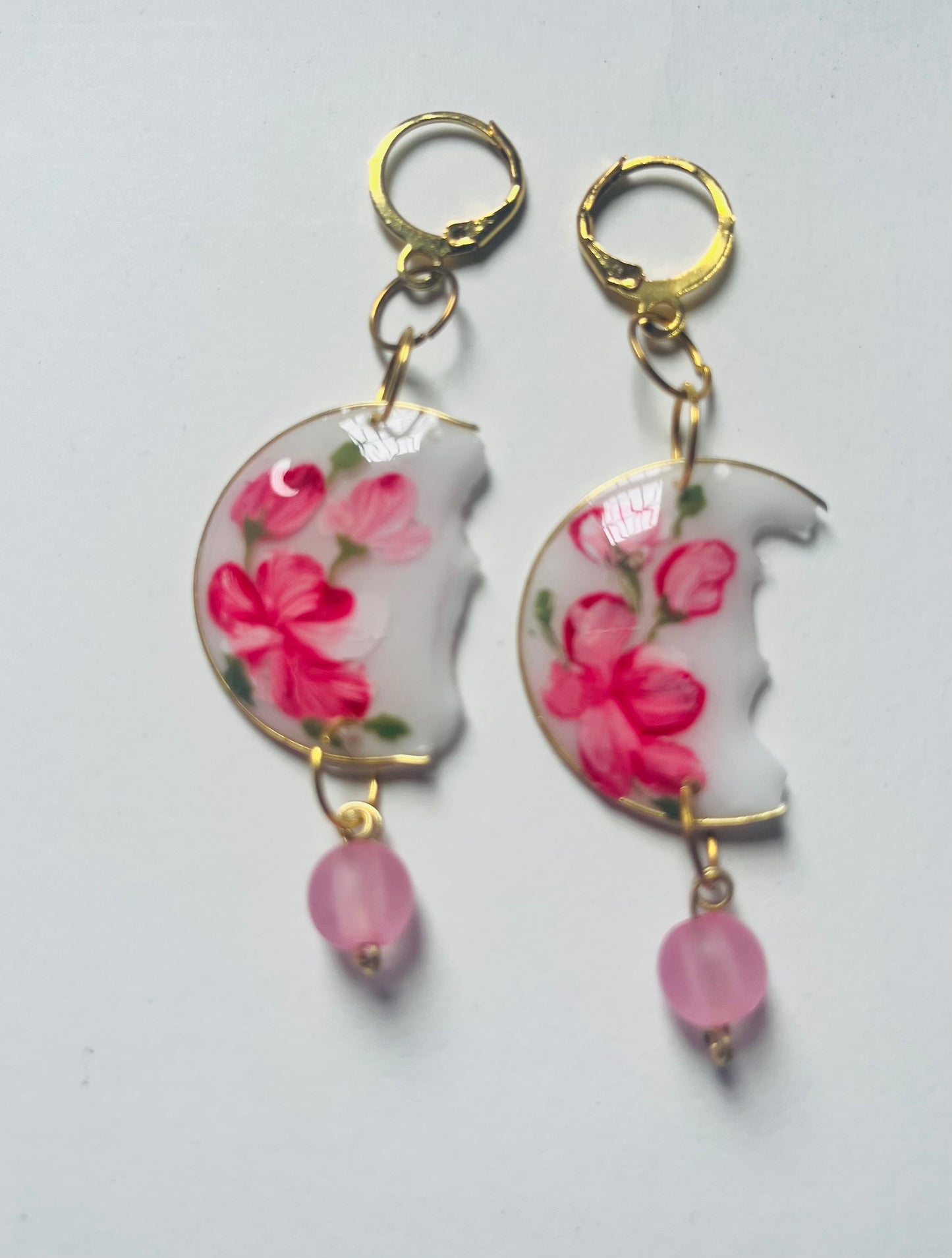 Handmade Floral Crescent Drop Earrings with UV Resin & Pink Beads