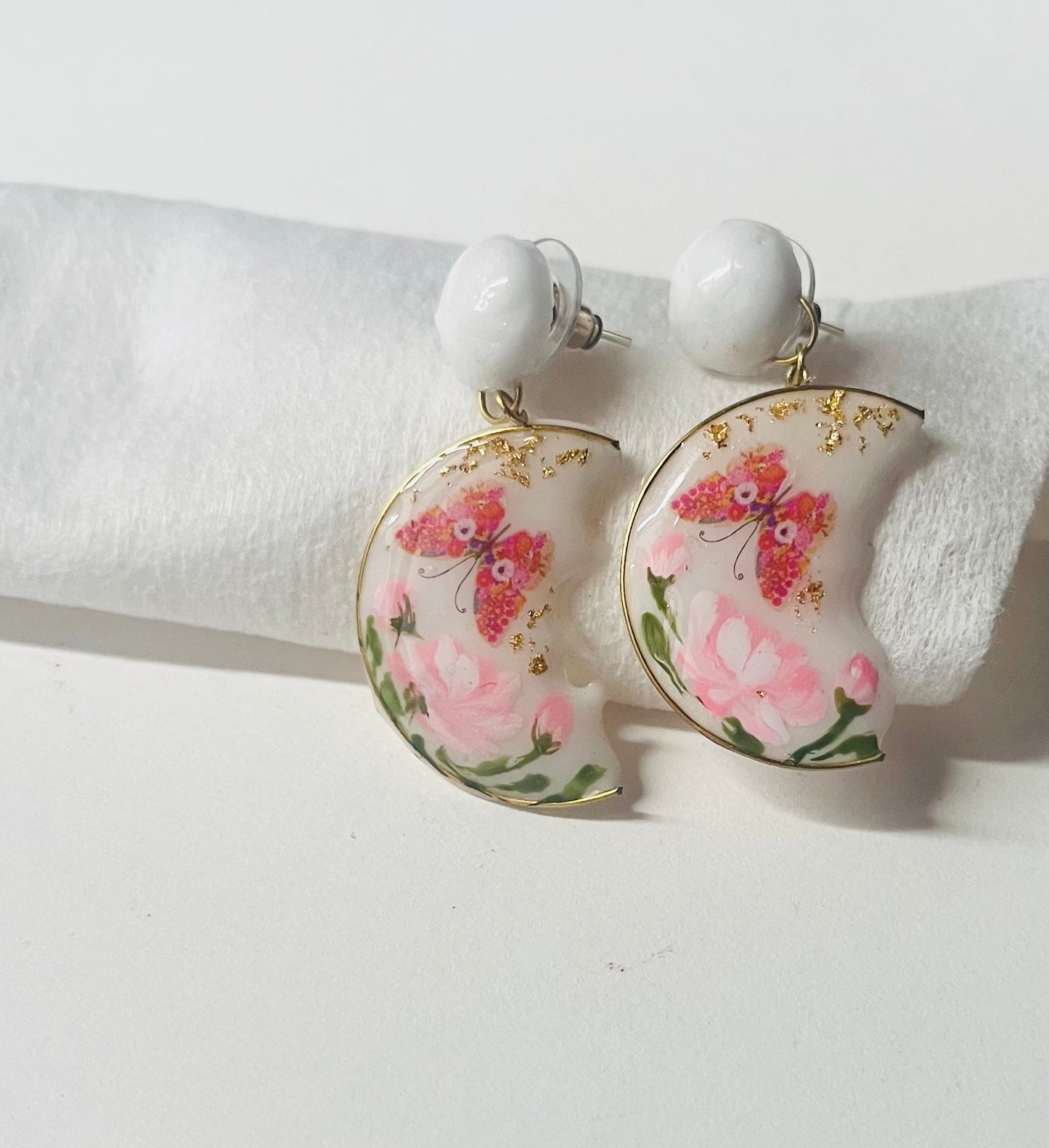 Hand-Painted Butterfly & Ethereal Floral Moon UV-Resin  Studs