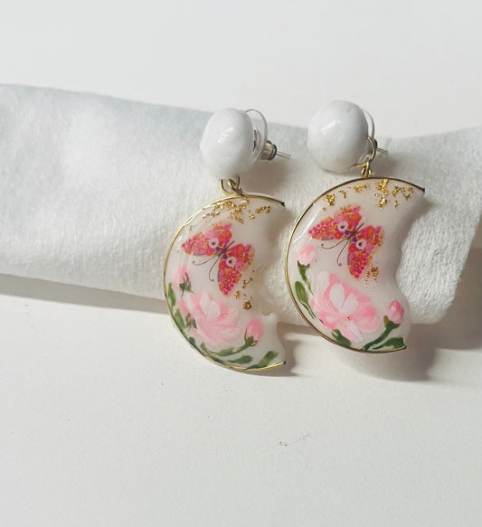 Hand-Painted Butterfly & Ethereal Floral Moon UV-Resin  Studs