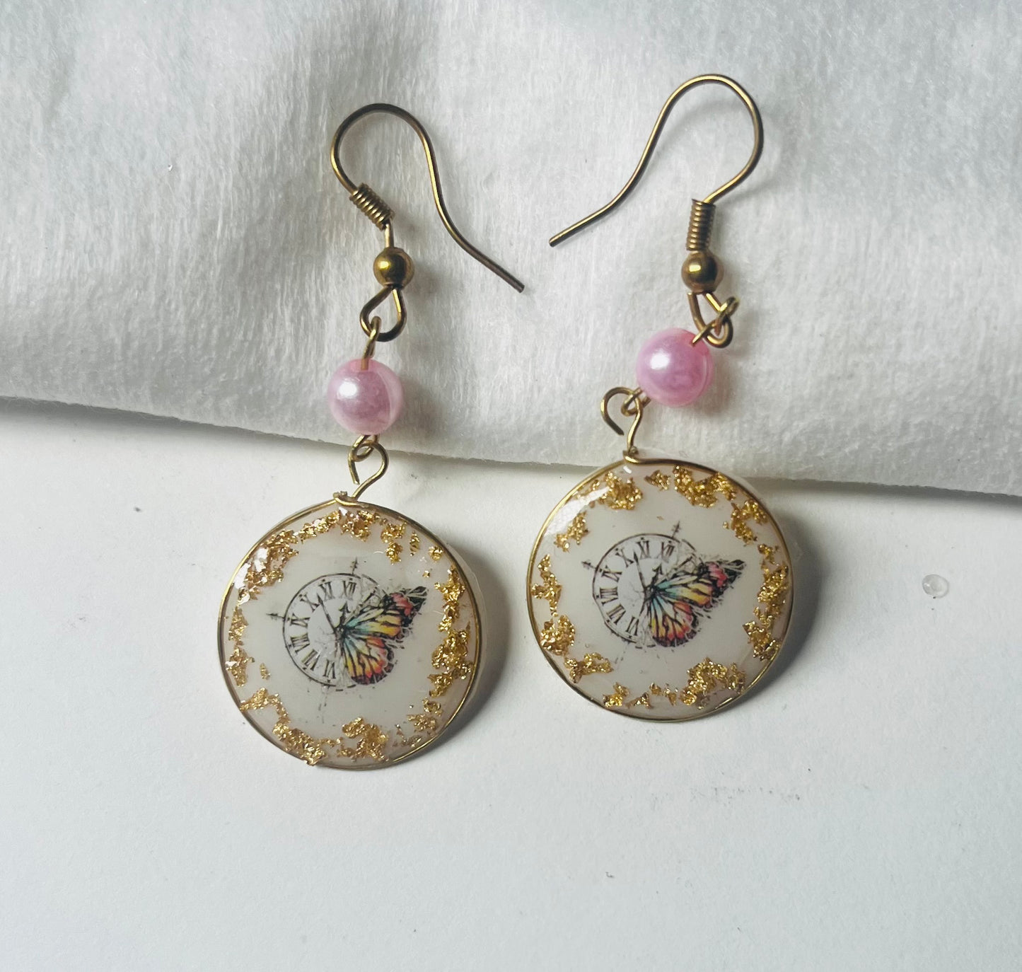 Handmade Enchanted Butterfly Circle UV Resin Earrings with Gold Flakes