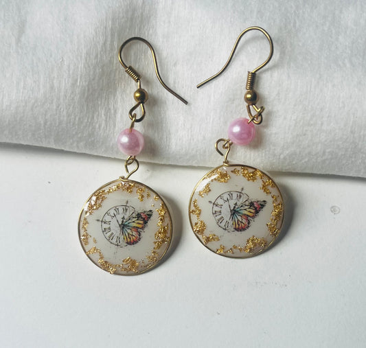 Handmade Enchanted Butterfly Circle UV Resin Earrings with Gold Flakes