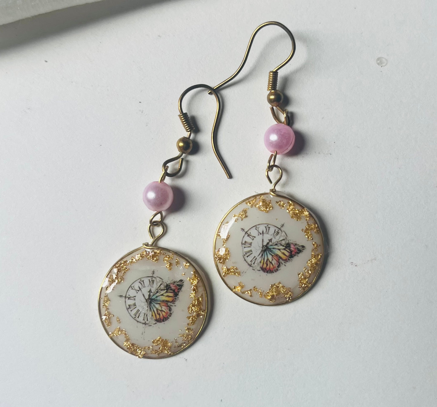 Handmade Enchanted Butterfly Circle UV Resin Earrings with Gold Flakes
