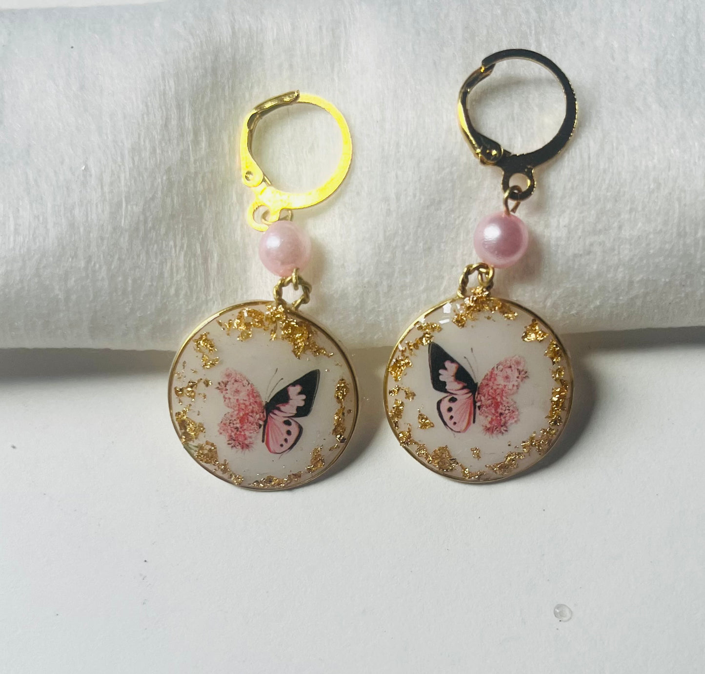 Handmade Enchanted Butterfly Circle UV Resin Earrings with Gold Flakes