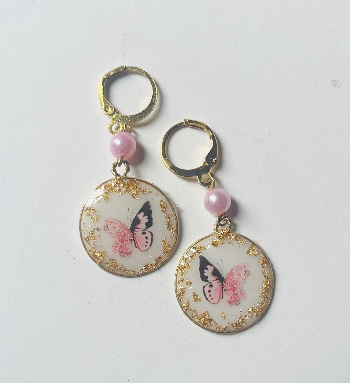 Handmade Enchanted Butterfly Circle UV Resin Earrings with Gold Flakes