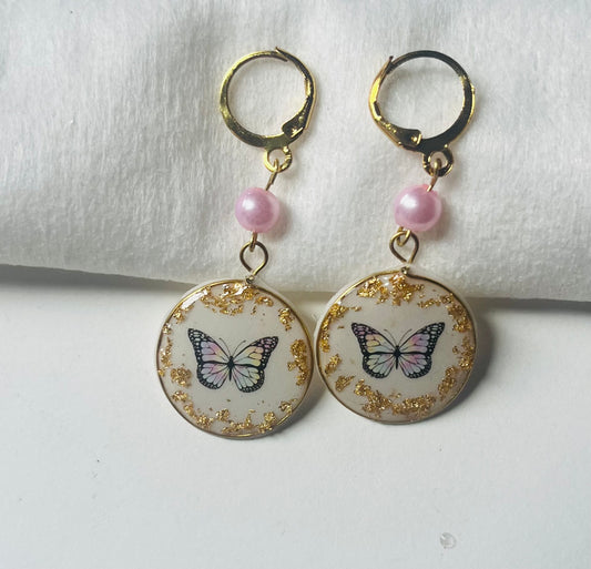 Handmade Enchanted Butterfly Circle UV Resin Earrings with Gold Flakes