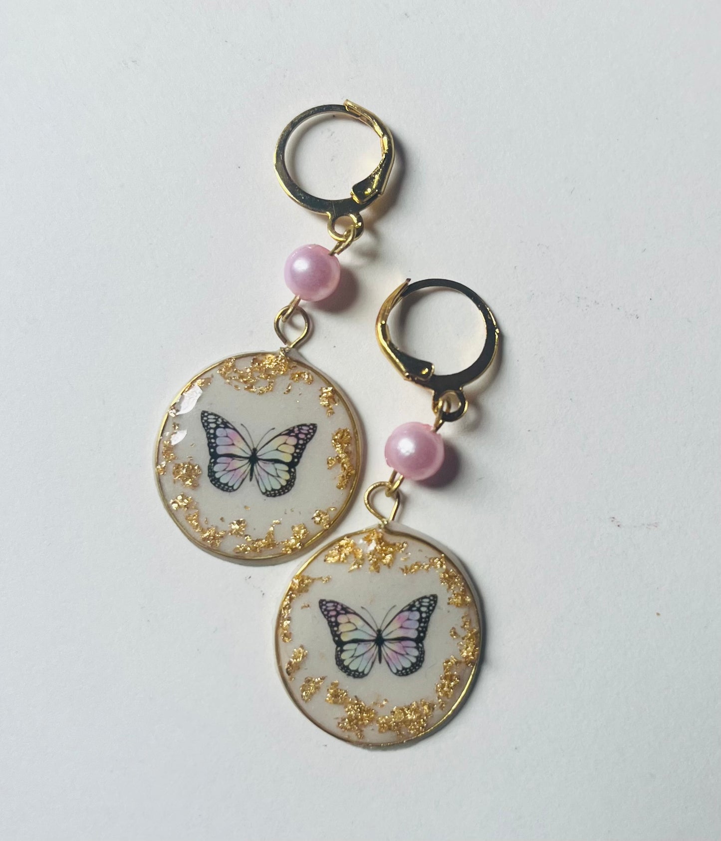 Handmade Enchanted Butterfly Circle UV Resin Earrings with Gold Flakes