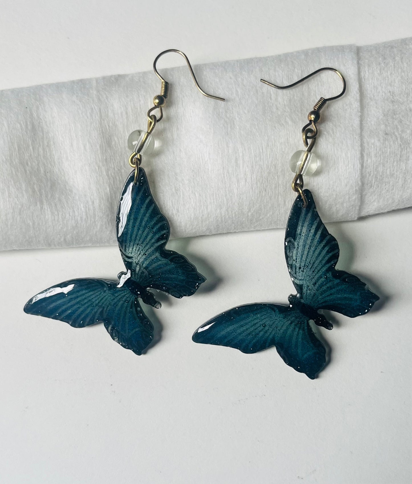 Hand-Shaped Midnight Blue Butterfly UV Resin Earrings Dangles