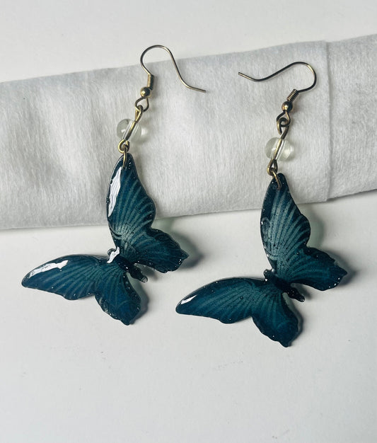 Hand-Shaped Midnight Blue Butterfly UV Resin Earrings Dangles