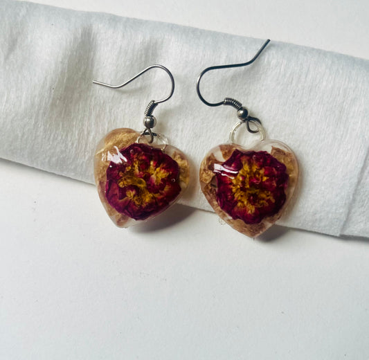 Handmade Preserved Crimson Rose Botanical Heart UV Resin Earrings