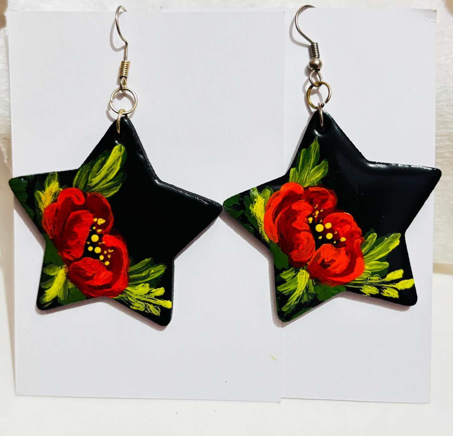 Hand-Painted Floral Star Earrings | Black Statement Dangles with Red Blooms