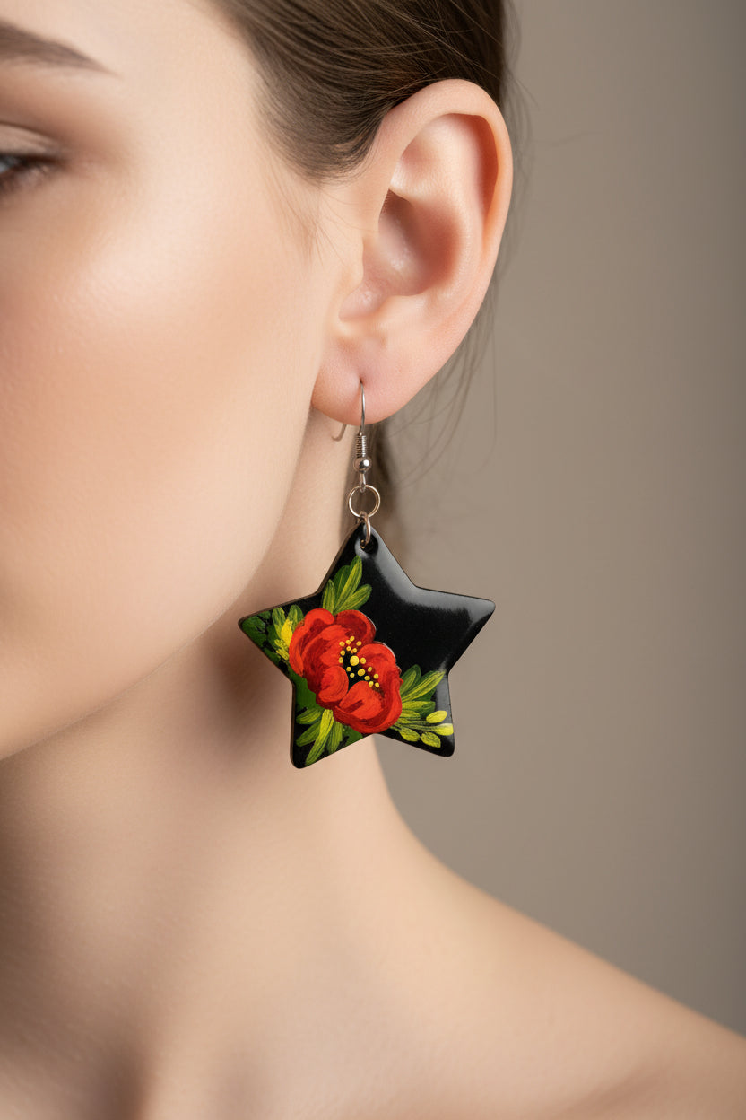 Hand-Painted Floral Star Earrings | Black Statement Dangles with Red Blooms