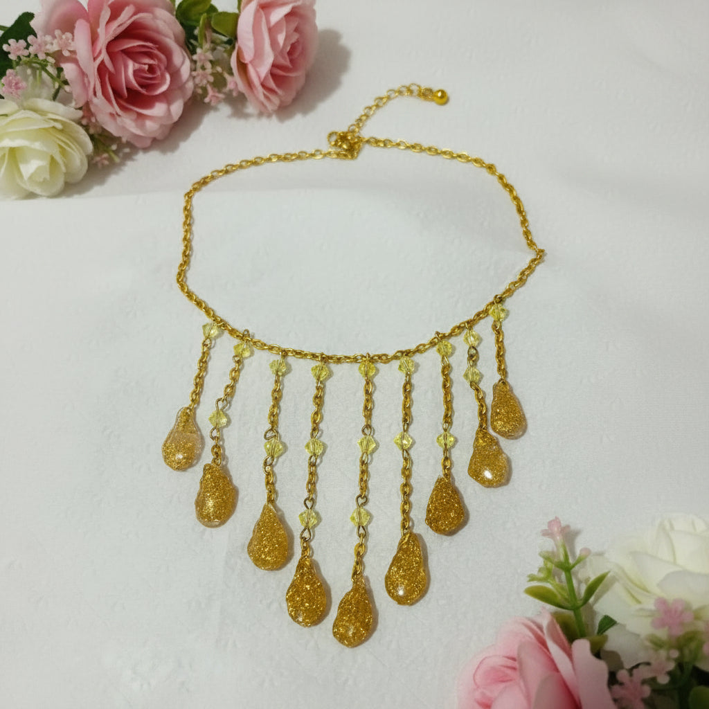 Handmade Gold-Tone Fringe Statement Necklace with Gold foil Resin Teardrops
