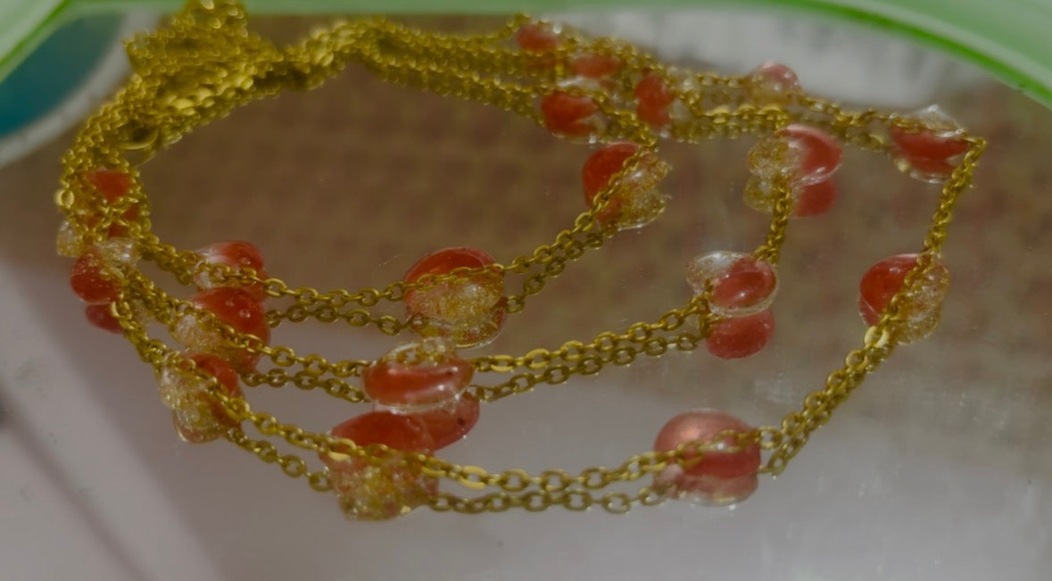 Handmade 3-Tier Layered Gold Chain Necklace with Real Floral Resin Beads