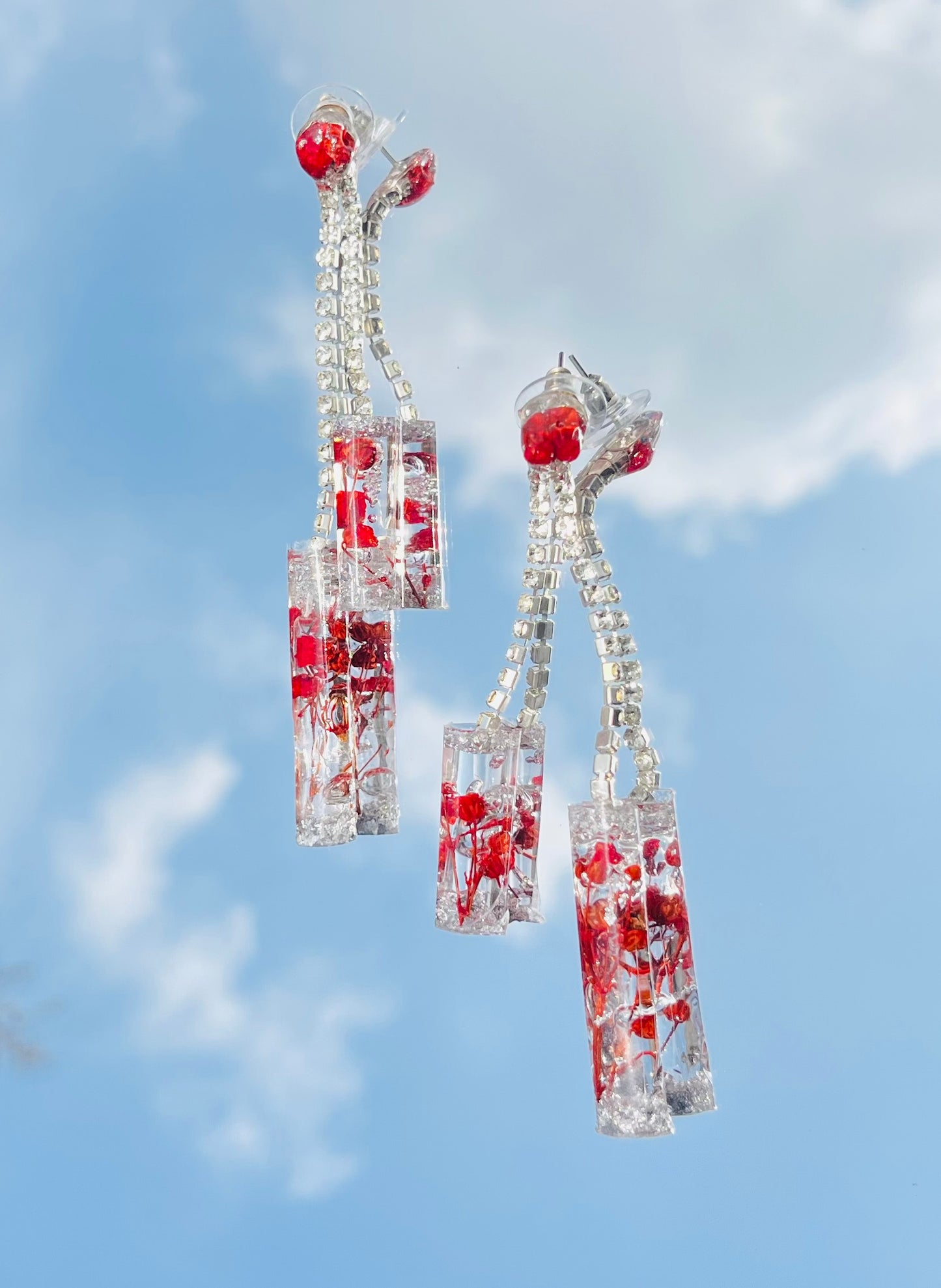 Handmade Real Red Flower UV Resin Dangle Earrings | Preserved Botanical Jewelry | Botanical Sparkle Collection
