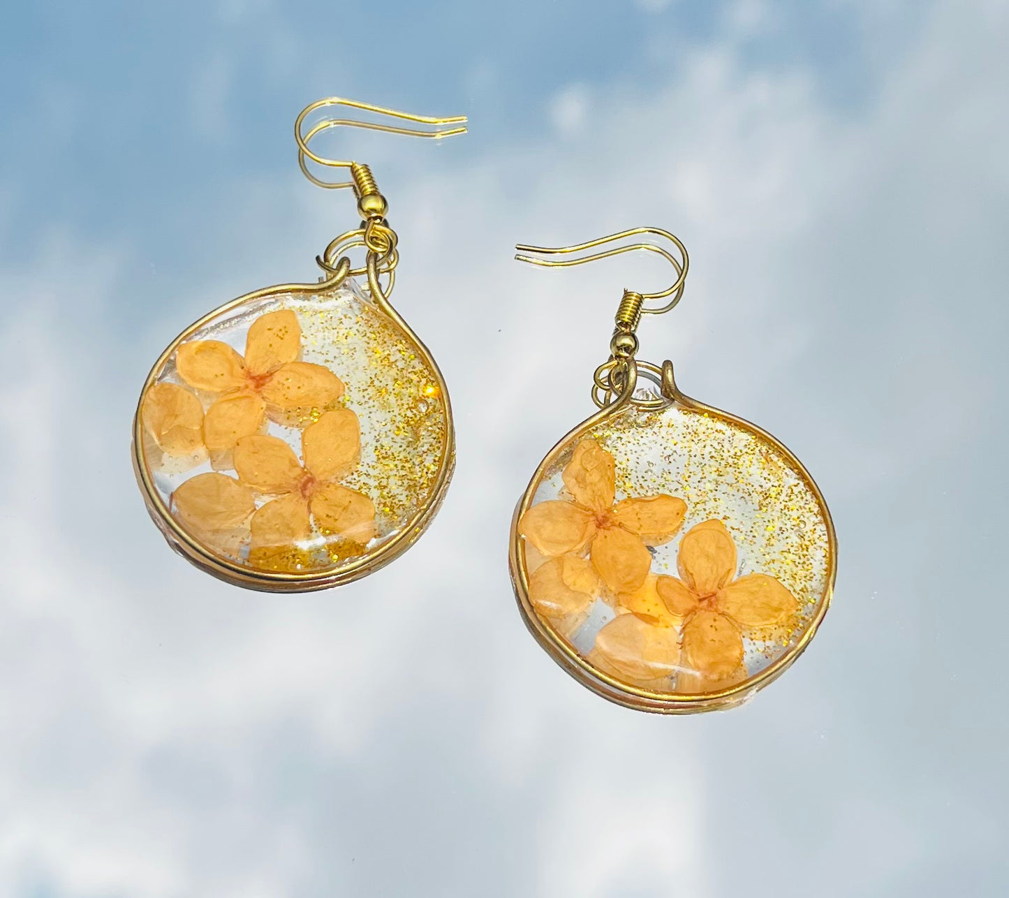 Handmade Real Yellow Flower UV Resin Dangle Earrings | Preserved Botanical Jewelry | Gold Glitter