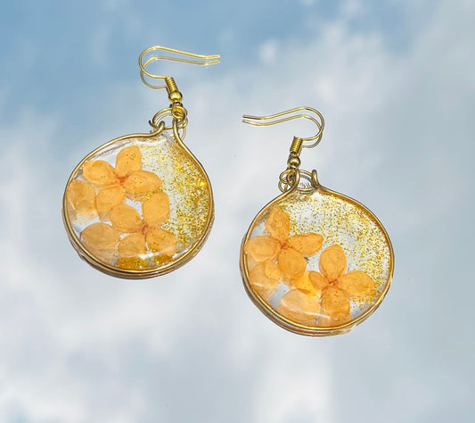 Handmade Real Yellow Flower UV Resin Dangle Earrings | Preserved Botanical Jewelry | Gold Glitter