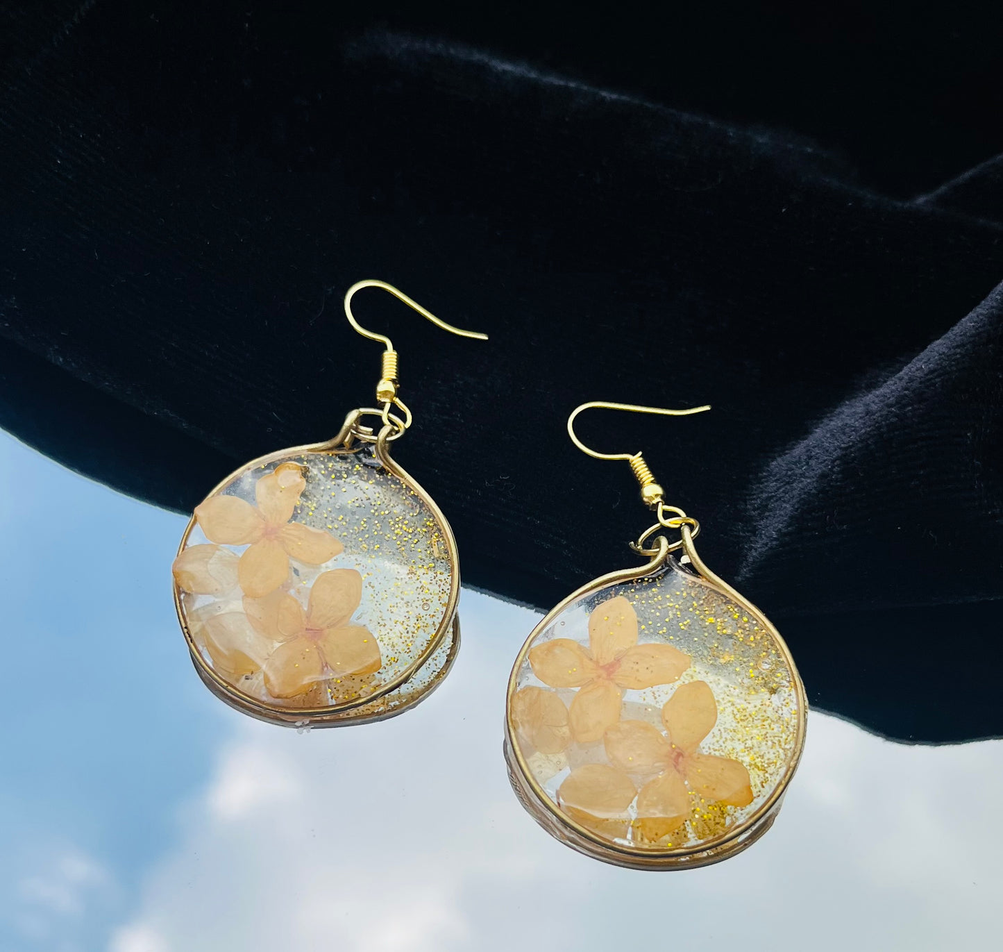 Handmade Real Yellow Flower UV Resin Dangle Earrings | Preserved Botanical Jewelry | Gold Glitter