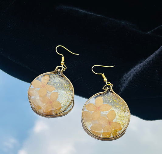 Handmade Real Yellow Flower UV Resin Dangle Earrings | Preserved Botanical Jewelry | Gold Glitter