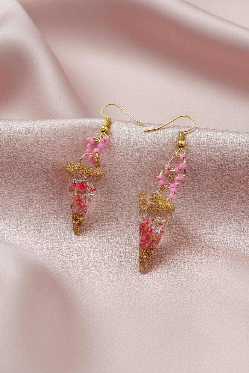 Handmade Triangular Real Pink Flower UV Resin Dangle Earrings with Gold Flakes | Botanical Jewelry