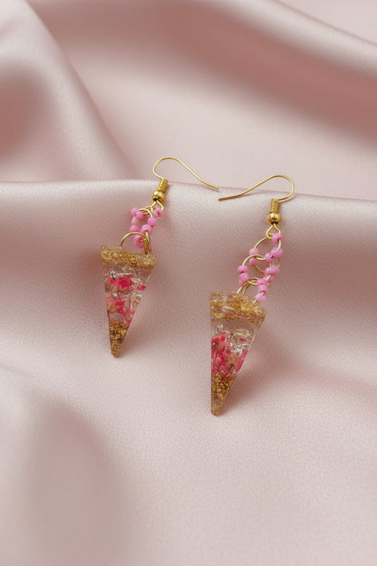 Handmade Triangular Real Pink Flower UV Resin Dangle Earrings with Gold Flakes | Botanical Jewelry