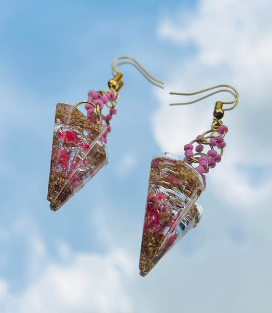Handmade Triangular Real Pink Flower UV Resin Dangle Earrings with Gold Flakes | Botanical Jewelry
