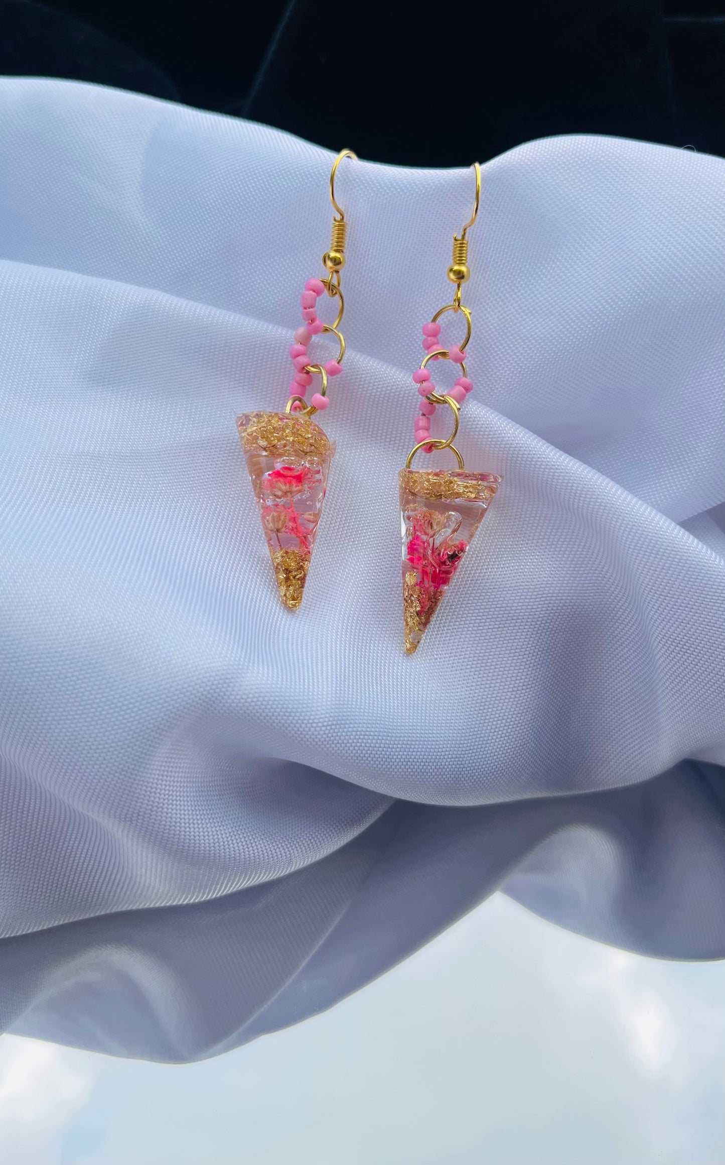Handmade Triangular Real Pink Flower UV Resin Dangle Earrings with Gold Flakes | Botanical Jewelry