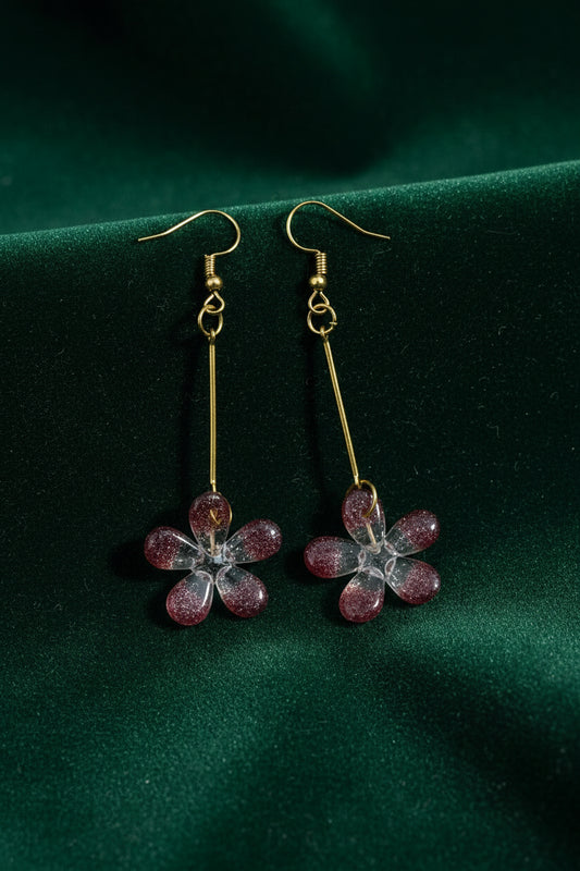 Handmade Real Maroon Flower Petal UV Resin Gold Dangle Earrings | Botanical Jewelry