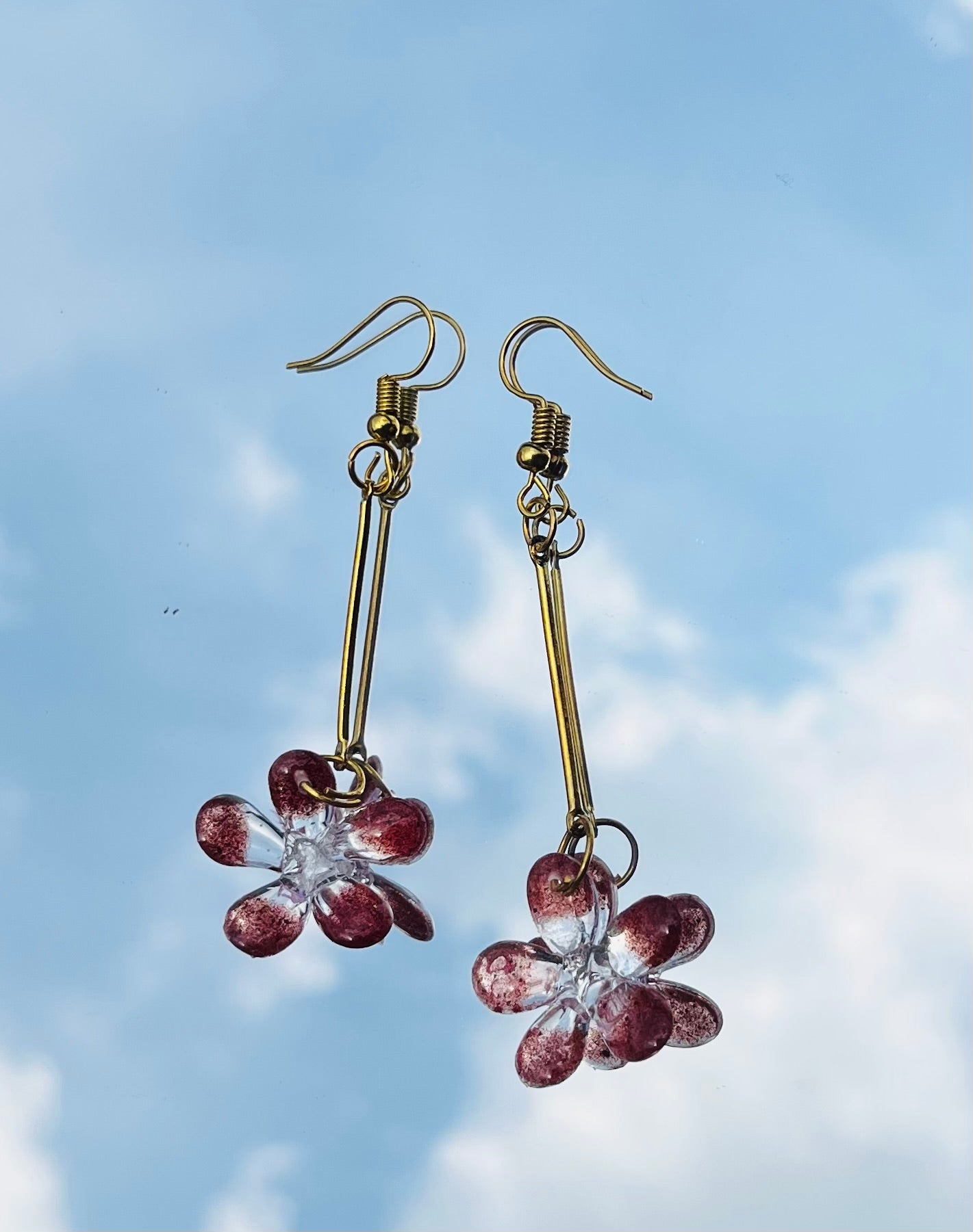 Handmade Real Maroon Flower Petal UV Resin Gold Dangle Earrings | Botanical Jewelry