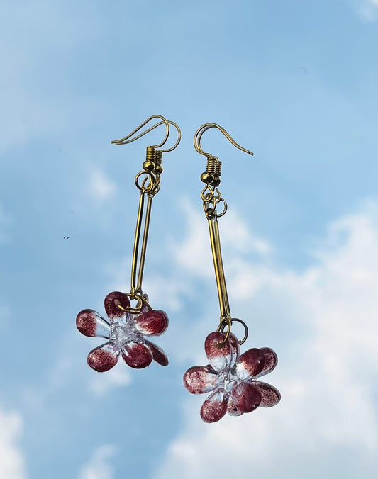 Handmade Real Maroon Flower Petal UV Resin Gold Dangle Earrings | Botanical Jewelry