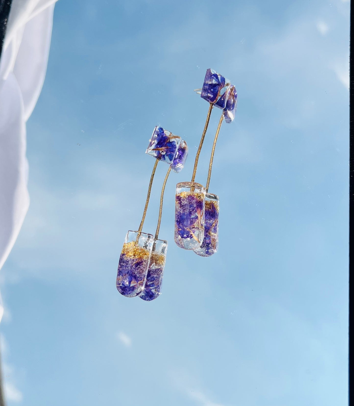 Handmade Real Purple Flower Petal & Gold Flake UV Resin Dangle Earrings | Celestial Botanical Jewelry