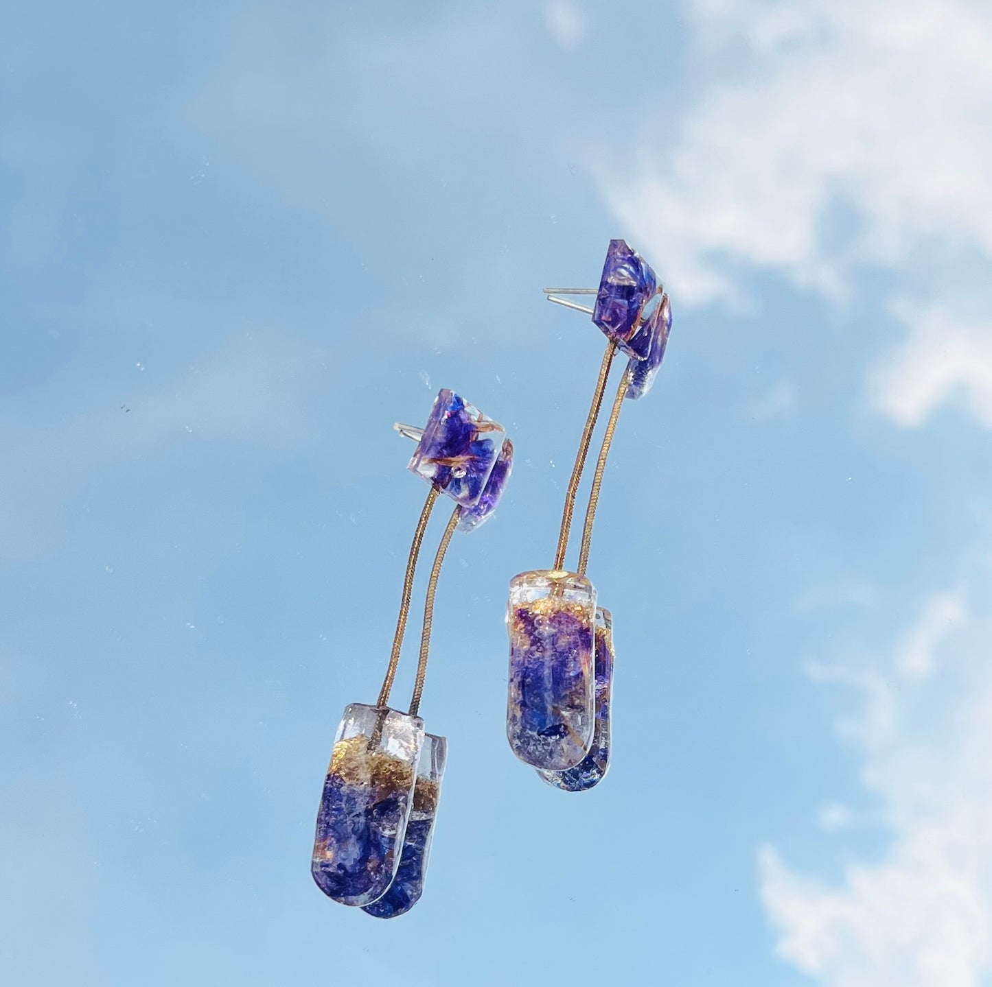 Handmade Real Purple Flower Petal & Gold Flake UV Resin Dangle Earrings | Celestial Botanical Jewelry