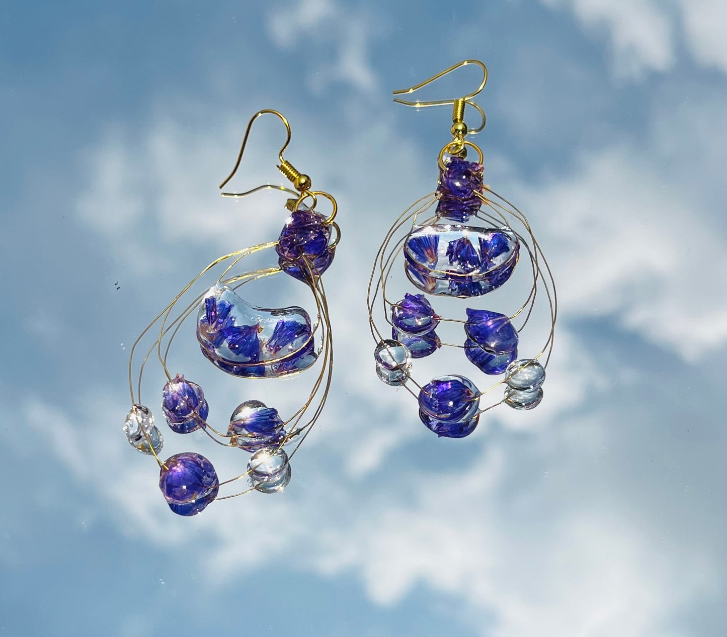 Handmade Real Purple Flower Petal Gold Wire Cage Dangle Earrings | Botanical Resin Jewelry