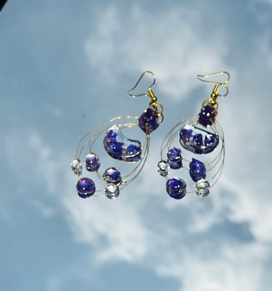 Handmade Real Purple Flower Petal Gold Wire Cage Dangle Earrings | Botanical Resin Jewelry