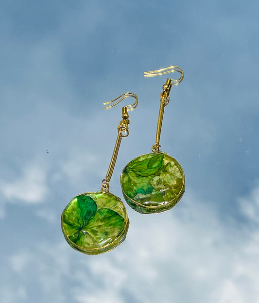 Handmade Botanical Green Leaf Gold Dangle Earrings | Preserved Nature UV Resin Jewelry