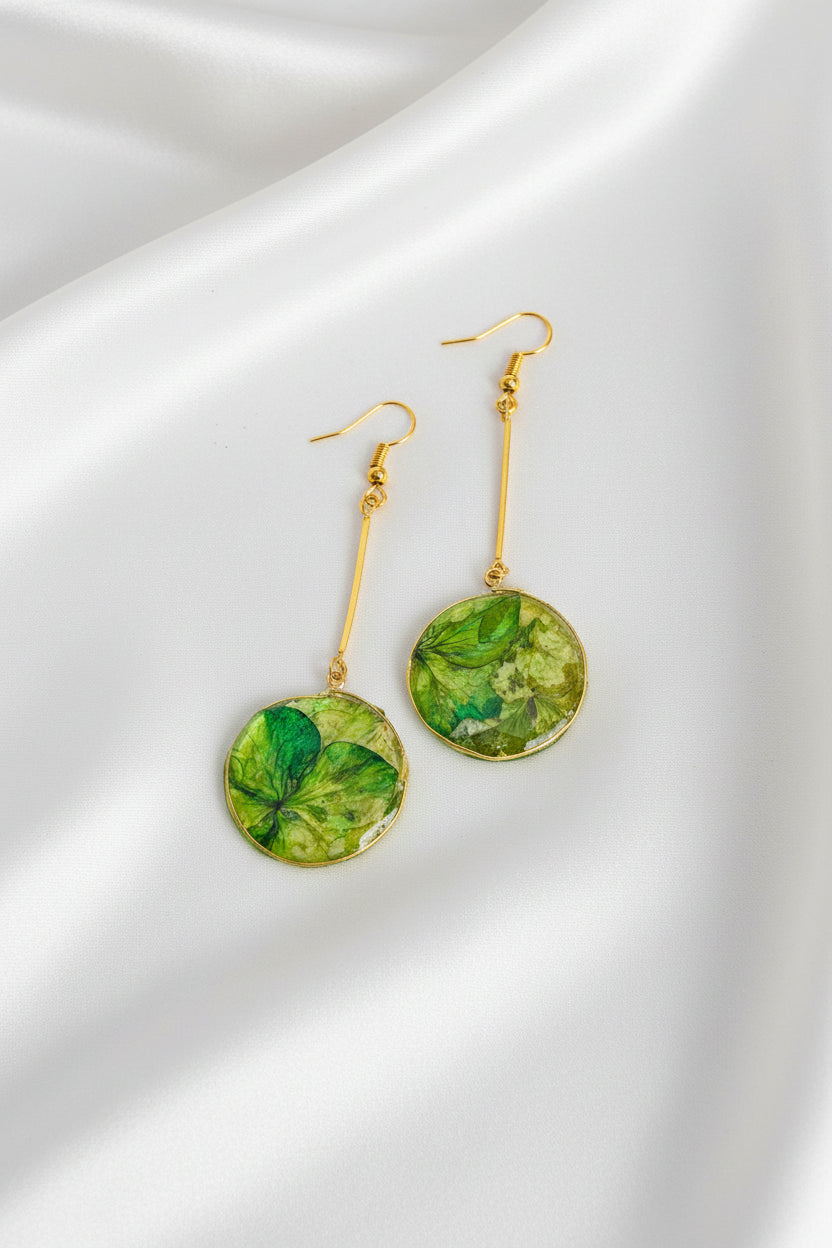 Handmade Botanical Green Leaf Gold Dangle Earrings | Preserved Nature UV Resin Jewelry