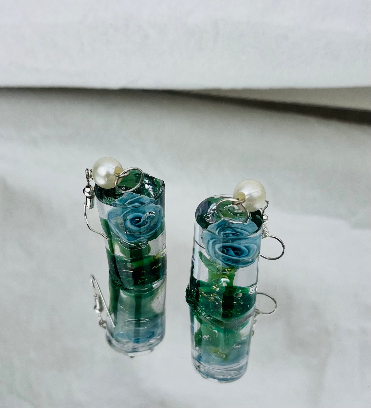 Handcrafted Encapsulated Blue Rose Resin Earrings