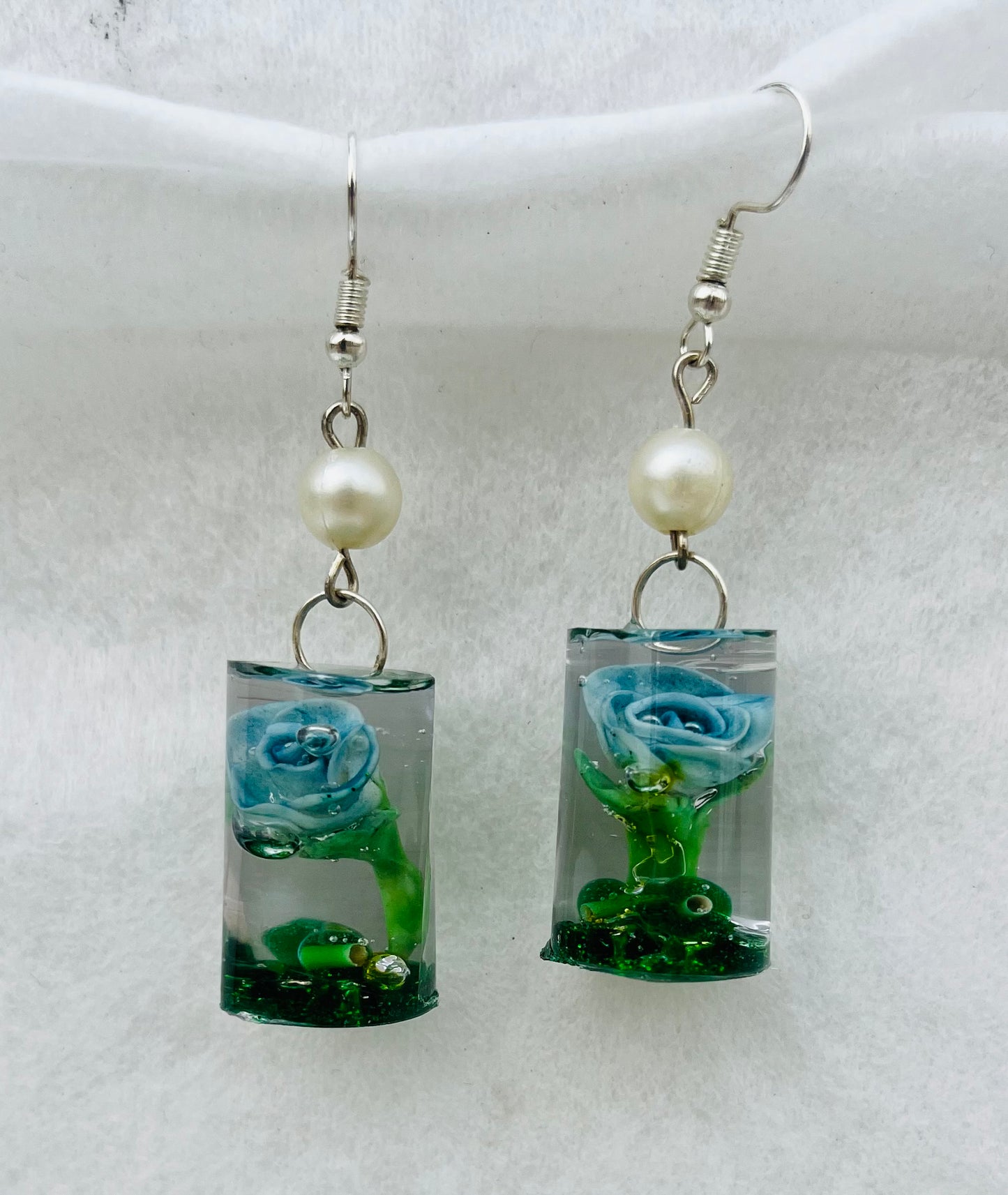 Handcrafted Encapsulated Blue Rose Resin Earrings