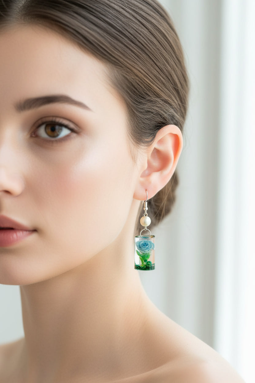 Handcrafted Encapsulated Blue Rose Resin Earrings