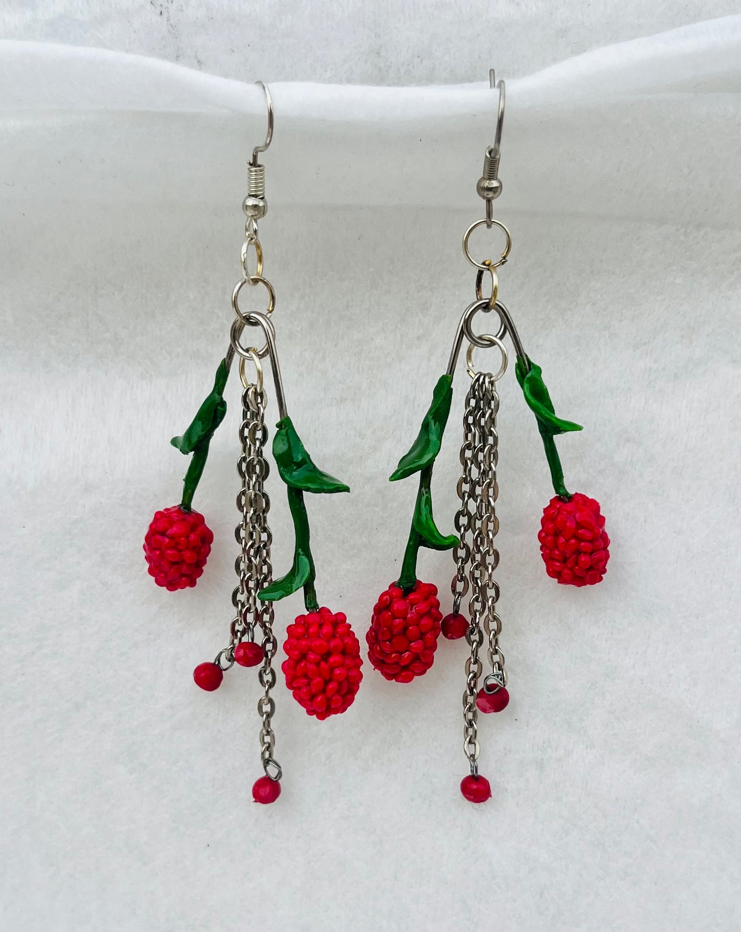 Handcrafted Raspberry Charm & Chain Dangle Earrings