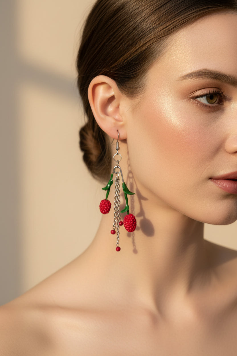 Handcrafted Raspberry Charm & Chain Dangle Earrings