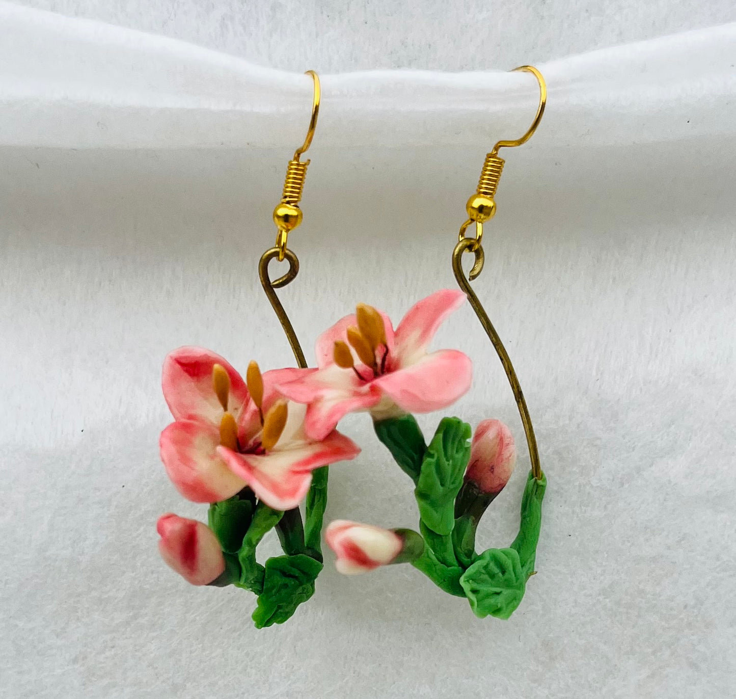 Handcrafted Pink Lily Botanical Dangle Earrings