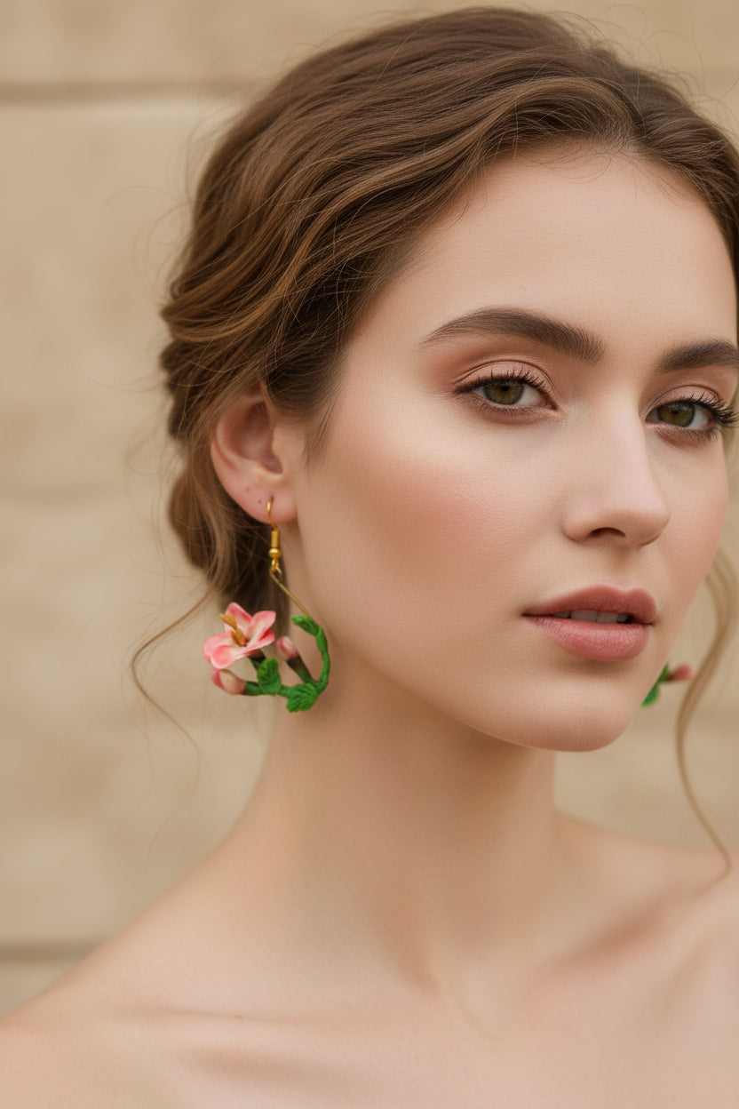 Handcrafted Pink Lily Botanical Dangle Earrings