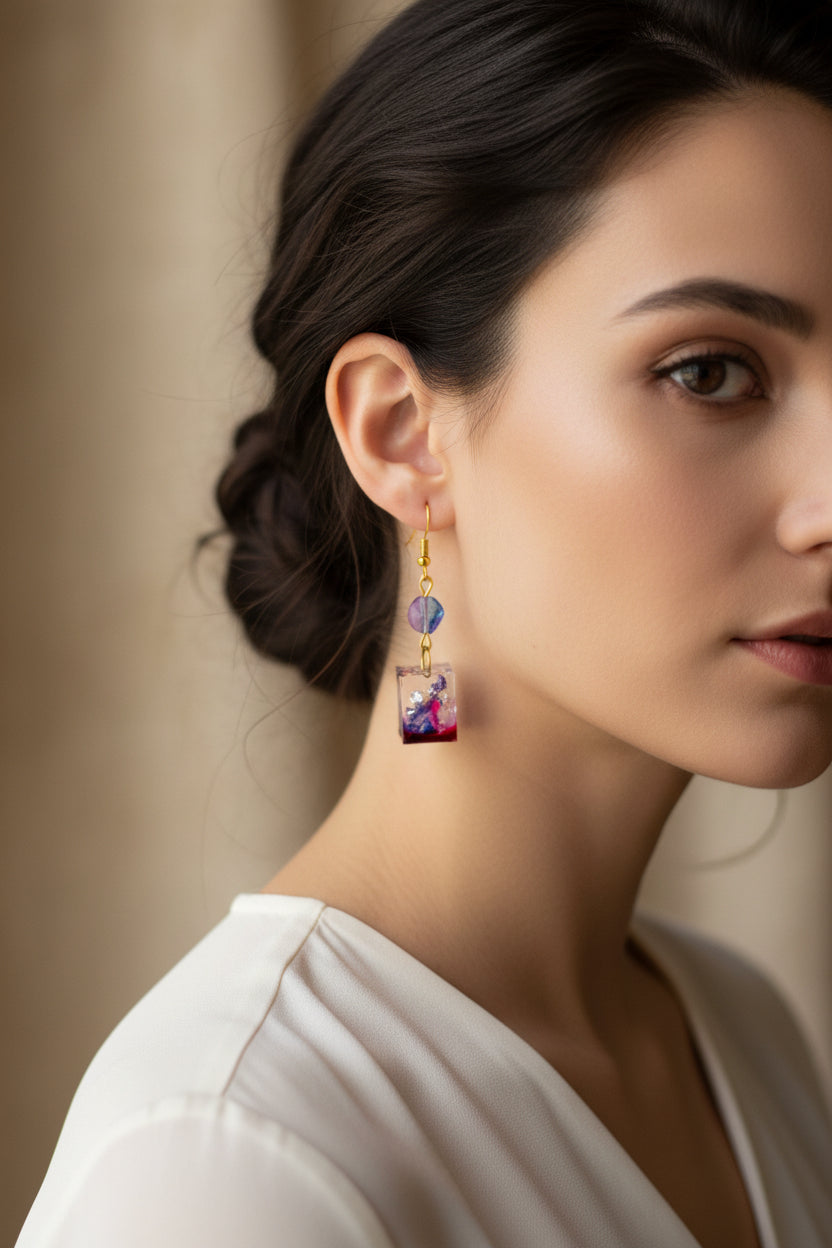 Handcrafted Amethyst-Inspired Cube Resin Dangle Earrings