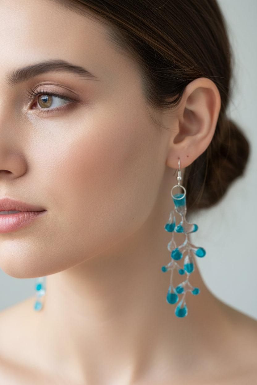 Handcrafted Clear Resin & Electric Blue Teardrop Dangle Earrings